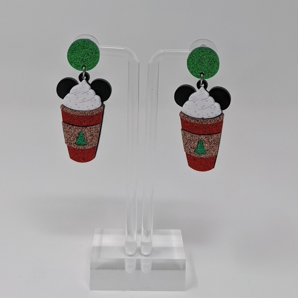 Mickey Mouse Christmas coffee mug with whip cream glitter drop earrings